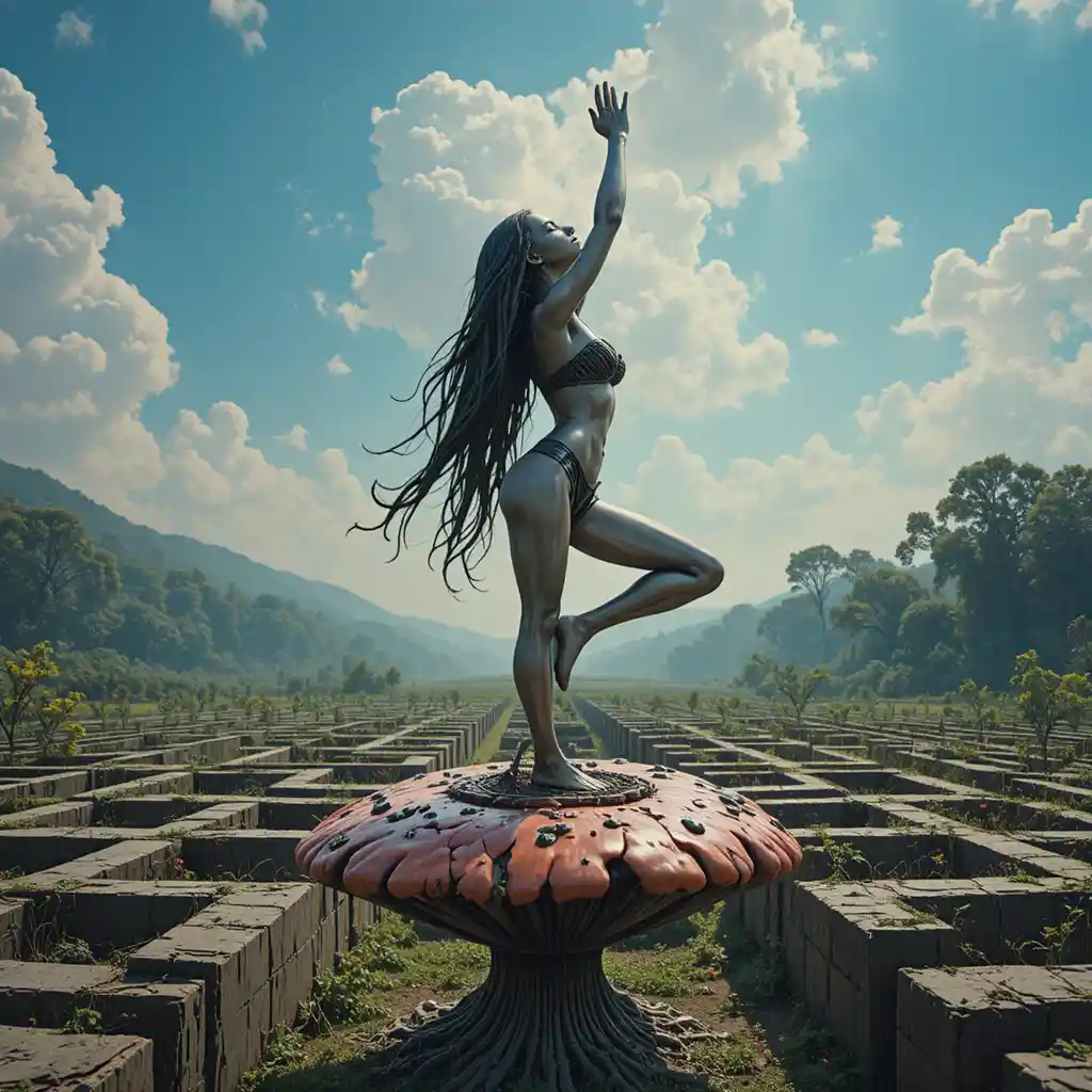 Eiserne Mädchenstatue in Yogapose auf psychedelischem Pilz