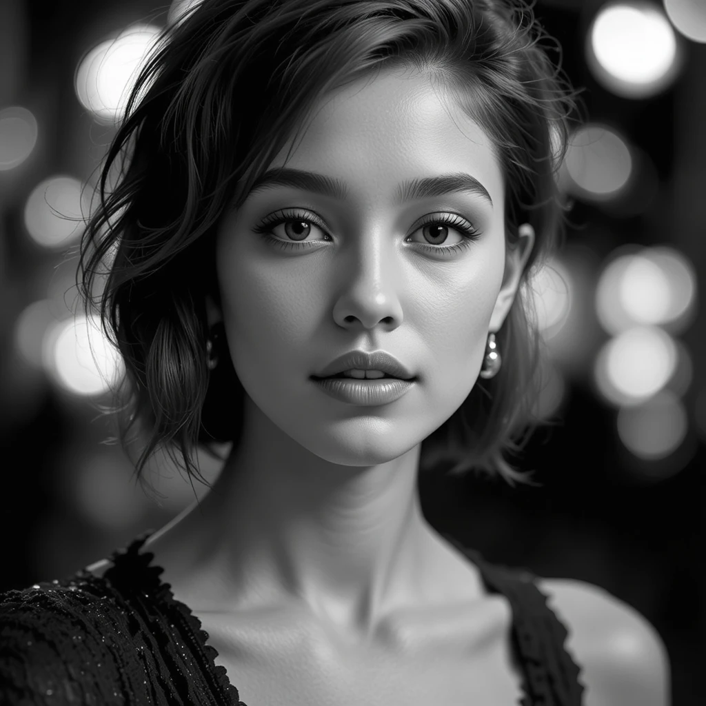 Retrato elegante em preto e branco em close de uma jovem mulher