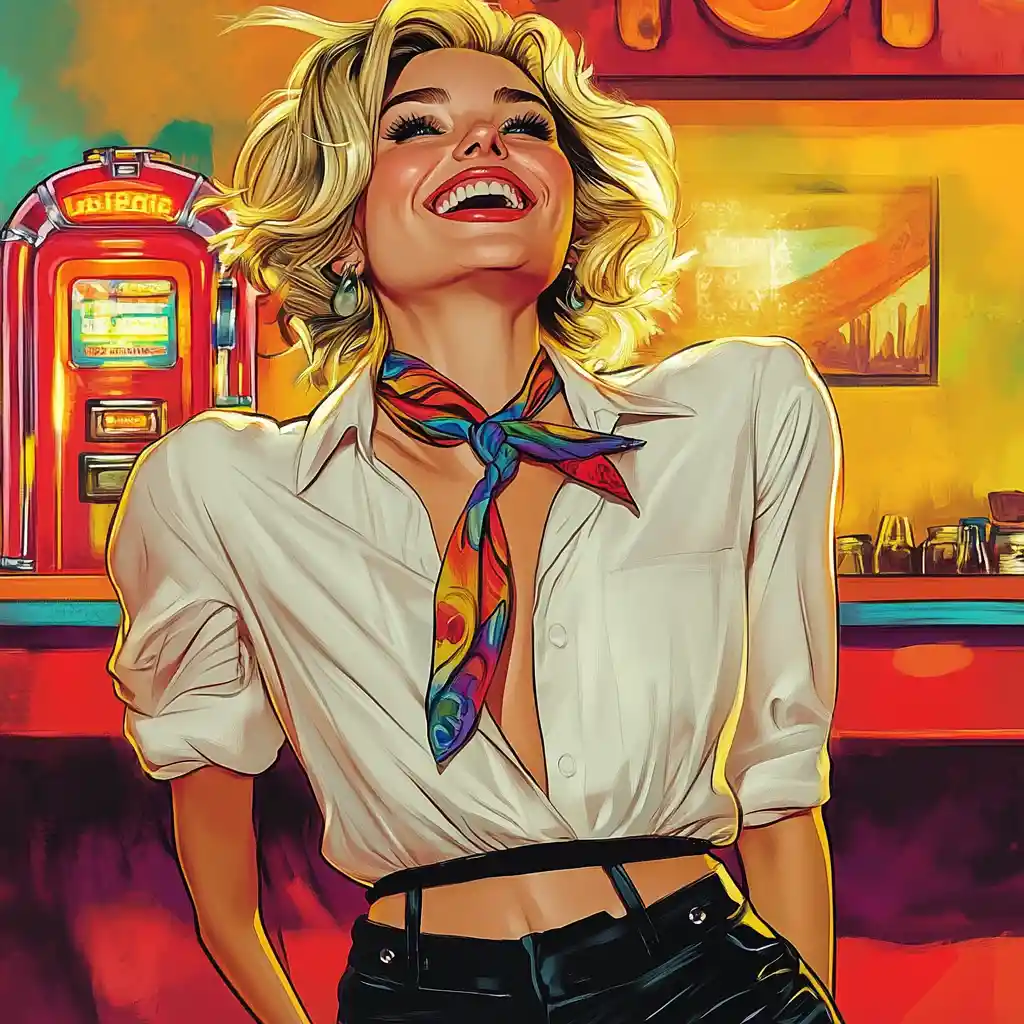 Donna bionda che ride in stile pop art in un bar retrò