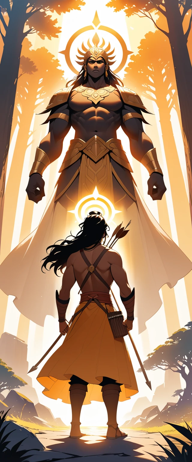 Mythic archer warrior in a radiant forest sunrise