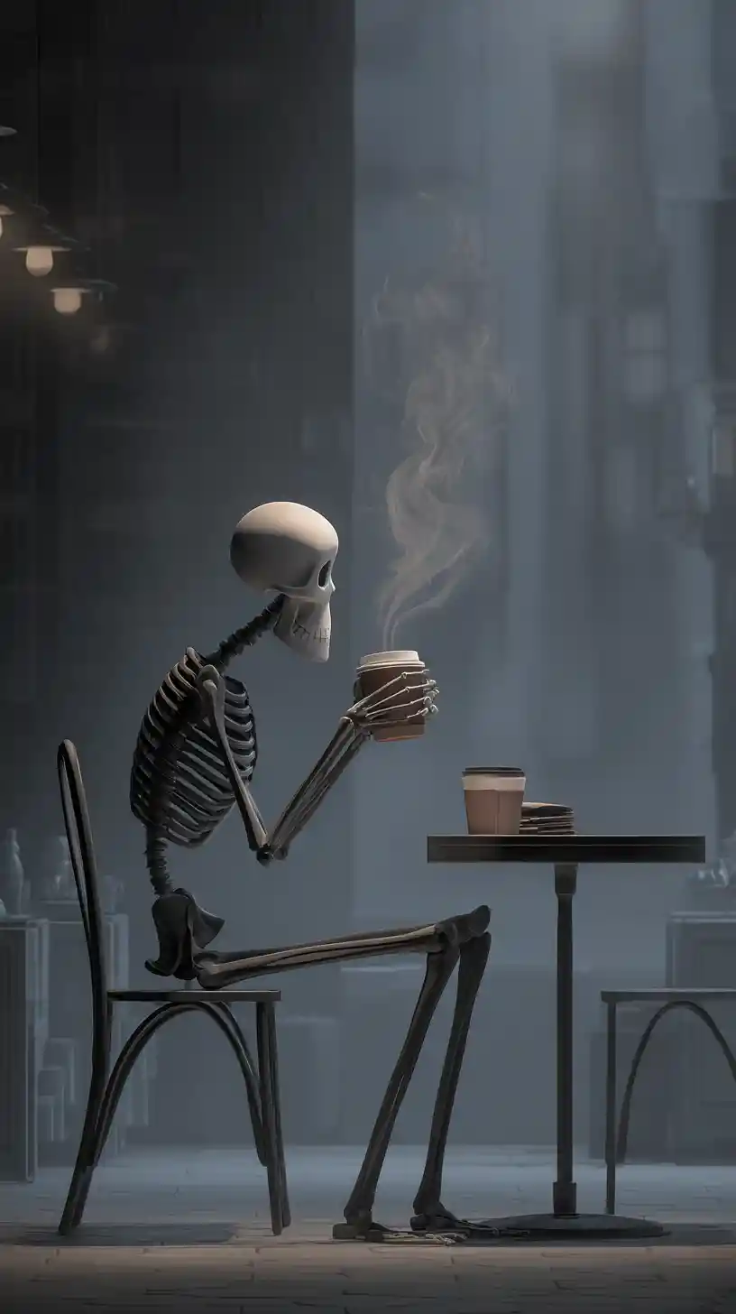 Scheletro che beve caffè da solo a un tavolo di caffè minimalista