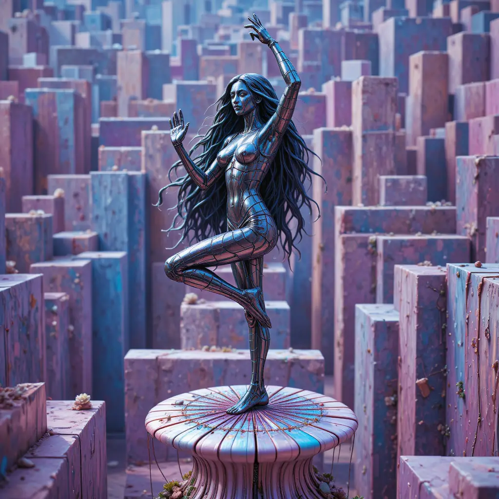 Iron statue woman in yoga pose on giant mushroom