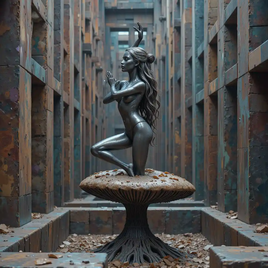 Iron statue girl in yoga pose on psychedelic mushroom