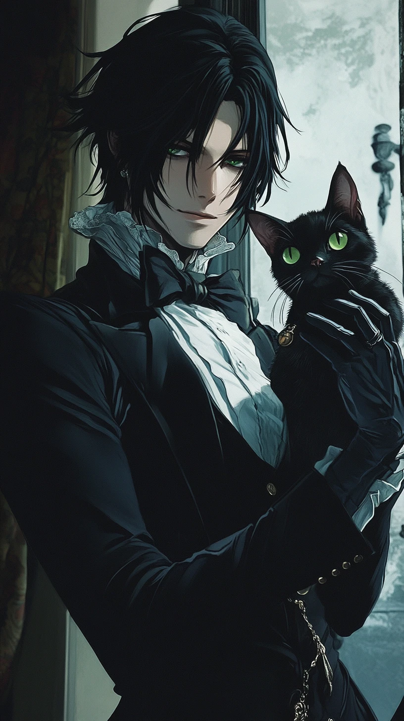 Homem de anime em pose de balé segurando um gato preto fofo