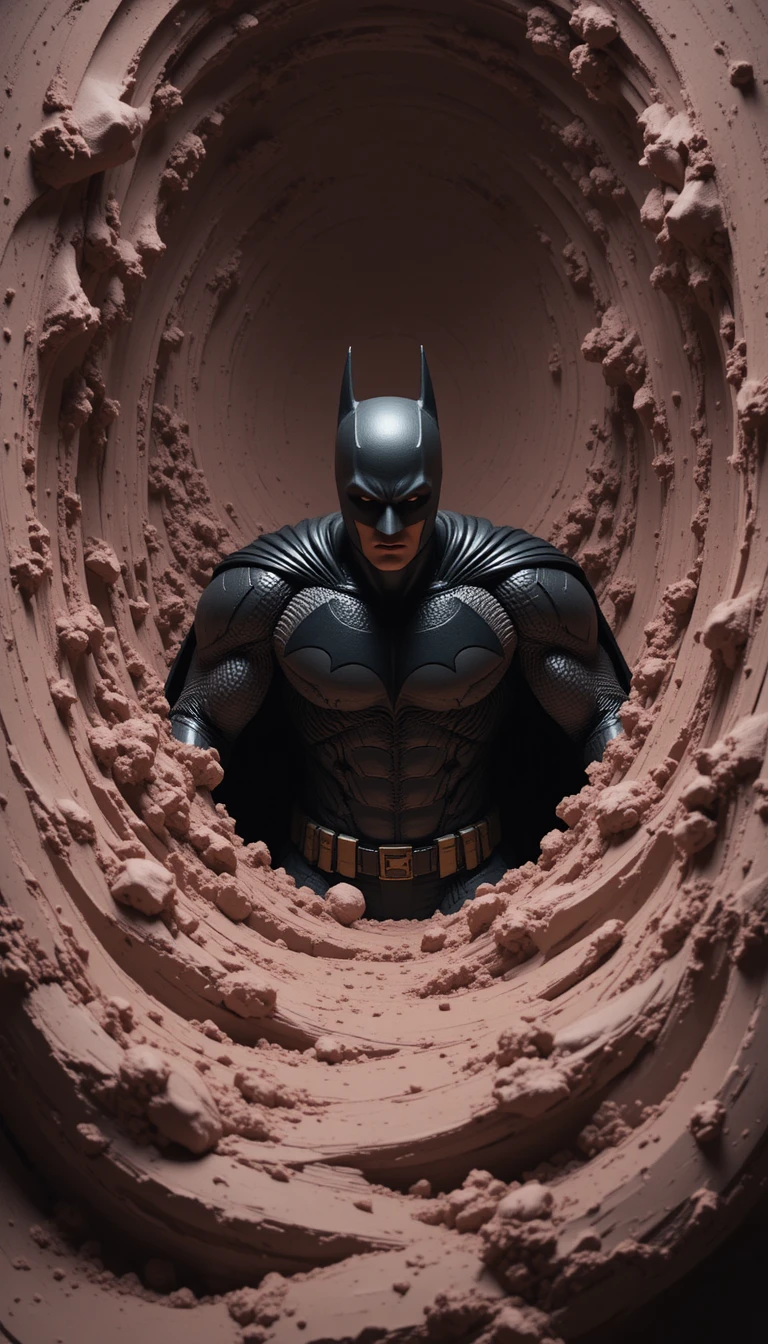 Super-herói surgindo de superfície de argila macia em profundidade 3D