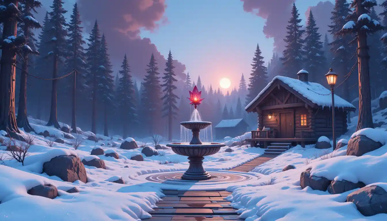 Capanna nel bosco in pixel art con cumuli di neve e anomalie luminose