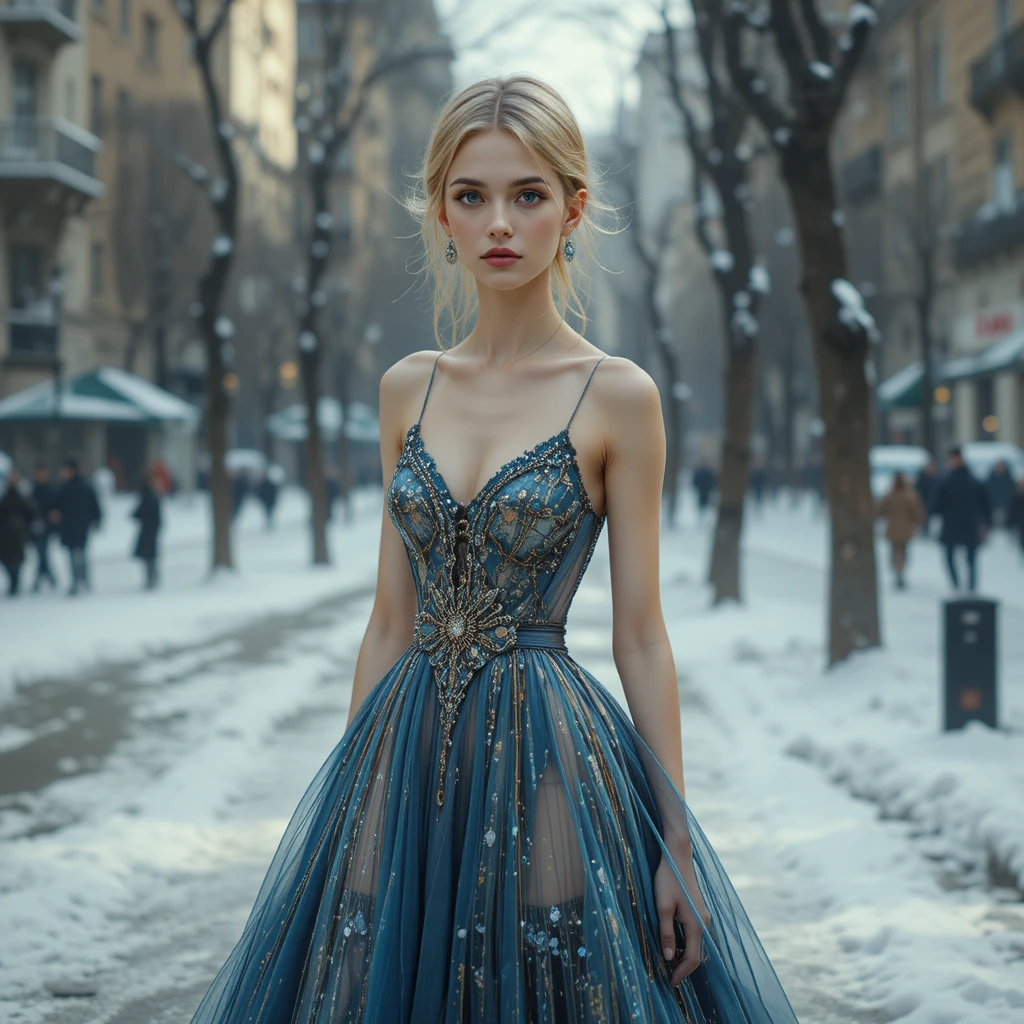Elegant woman in surreal winter sun dress in the city
