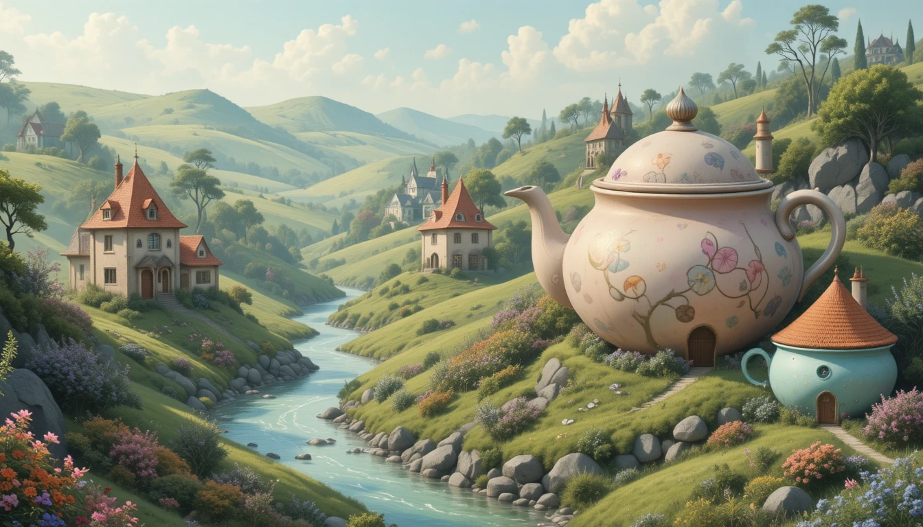 파스텔 꿈결 같은 계곡의 기 whimsical 한 주전자 도시