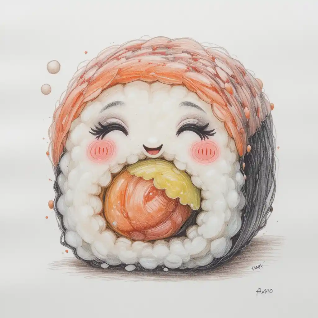 Disegno a matita di un allegro rotolo di sushi su sfondo bianco