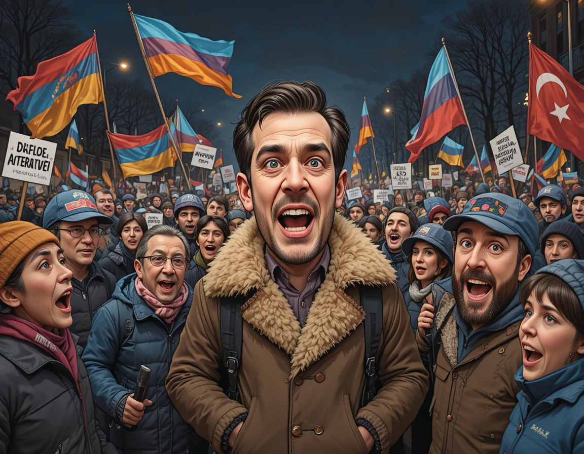 Nachtlicher Stadtprotest mit vielfältiger Menge und wehenden Fahnen