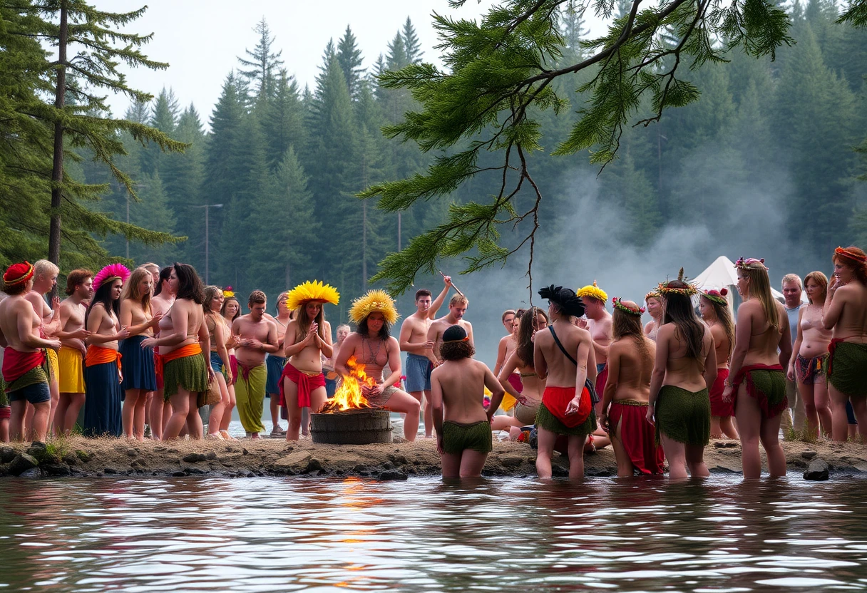 Seguidores de Baco celebrando à beira de um lago na floresta