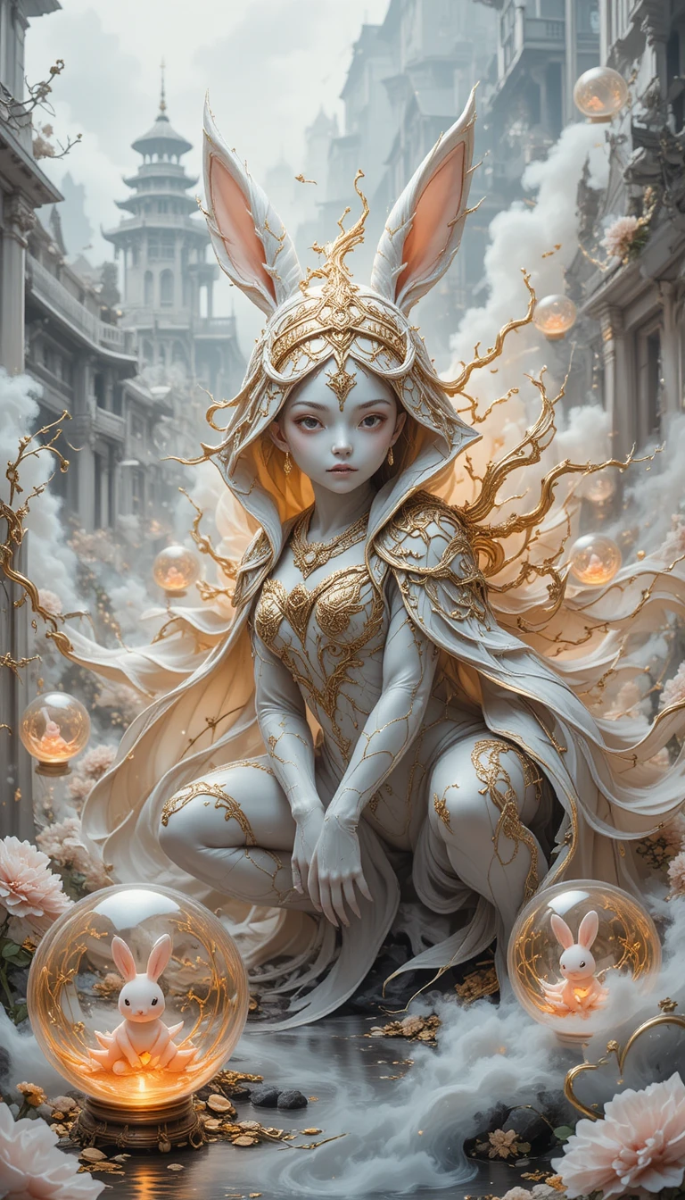 Mythical spirit creature before a white fantasy palace