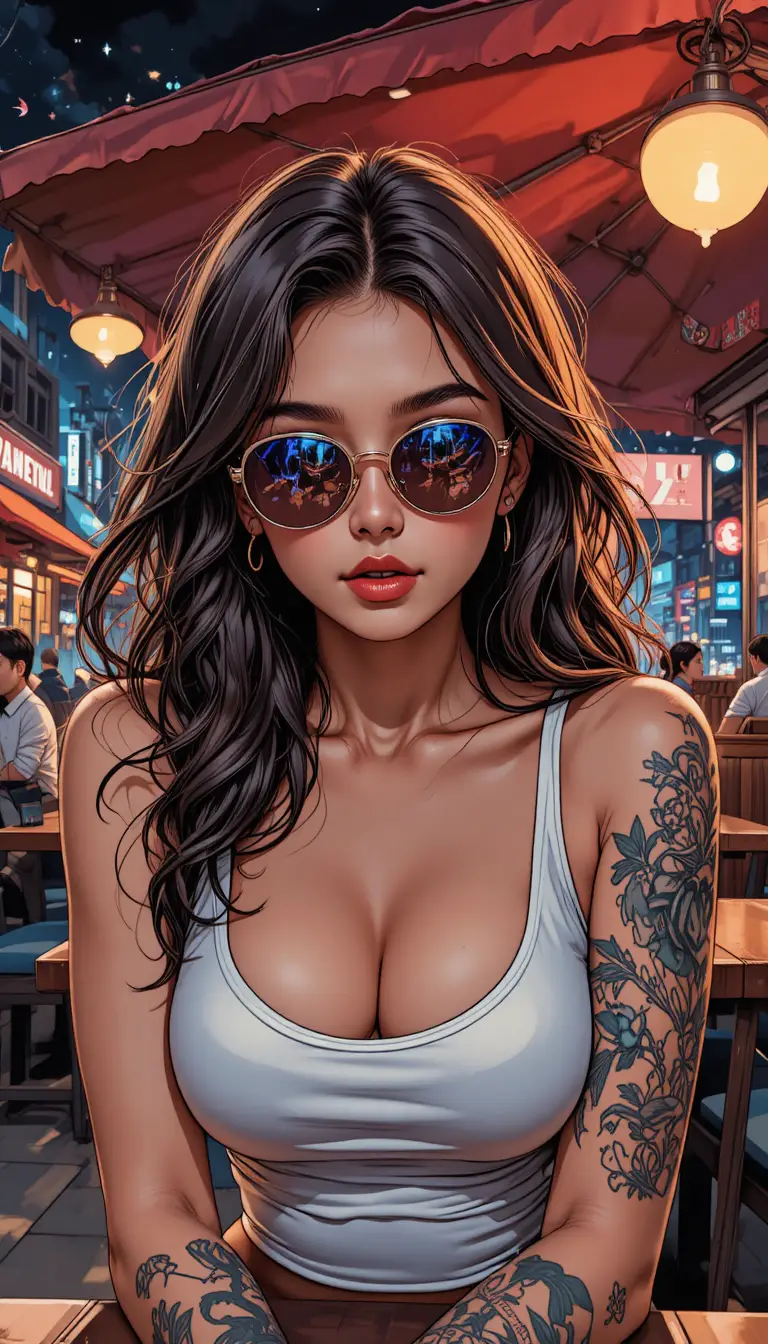 Ragazza tatuata con occhiali da sole in ristorante di strada notturno