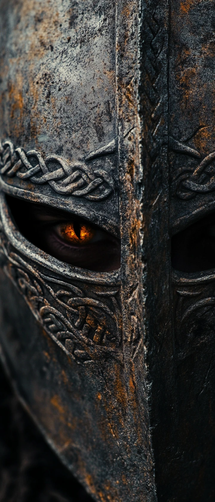 Gros plan sur des yeux de monstre derrière un ancien casque en acier
