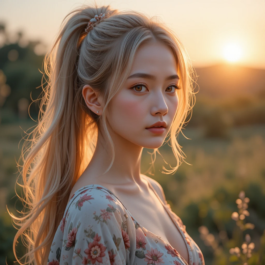 Giovane donna con abito floreale al tramonto da sogno