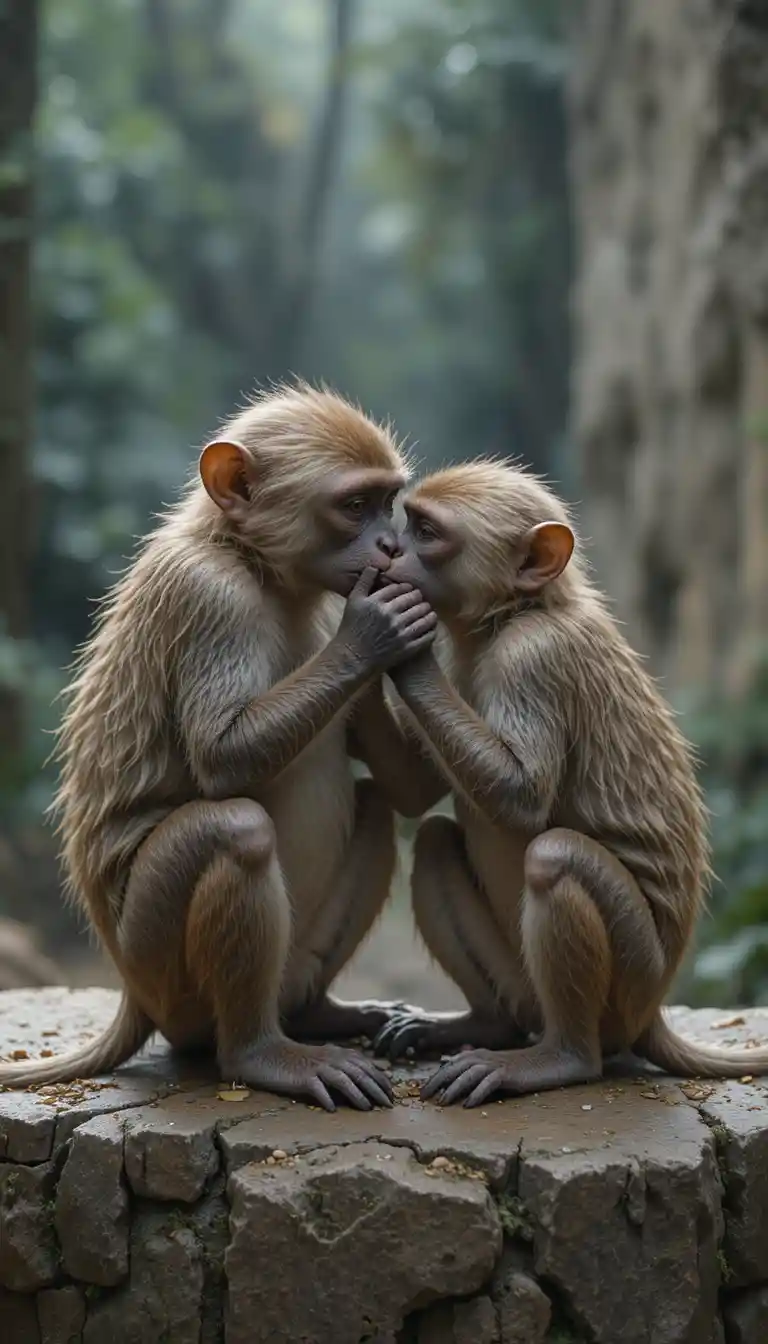 Two sad monkeys living closely among nearby humans