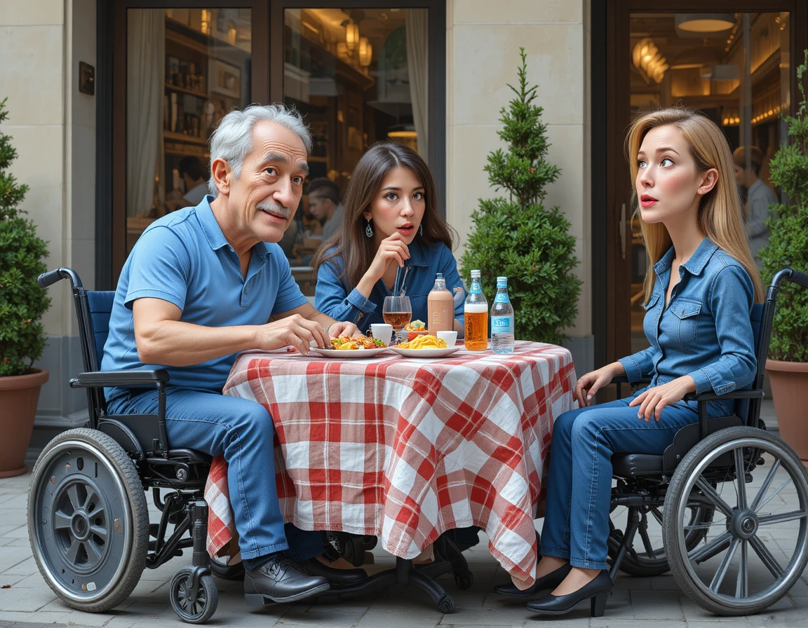 Tres personas en sillas de ruedas en una mesa de restaurante al aire libre