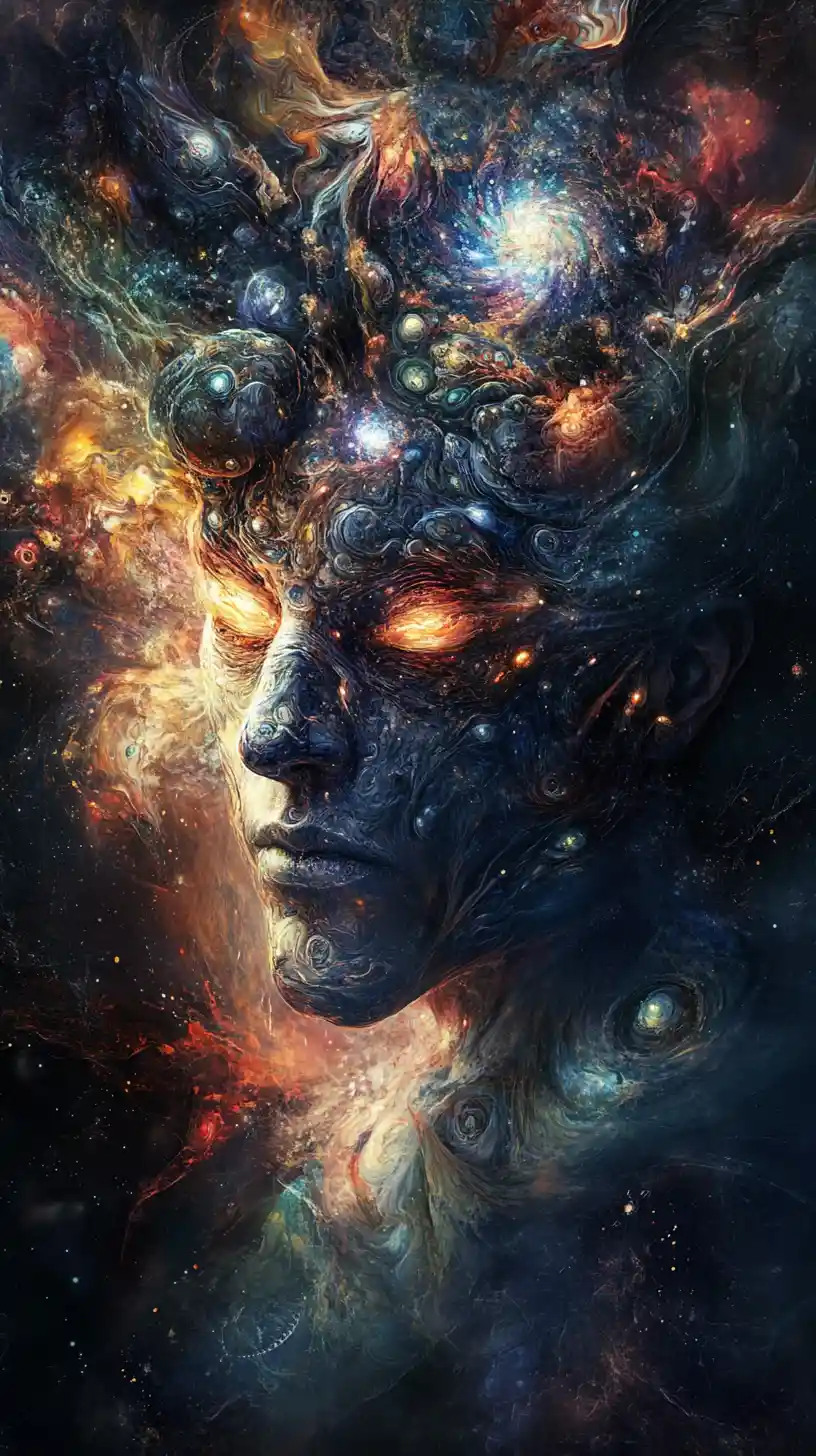 Alienígena cyberpunk fundido com máquina em reino sombrio e surreal