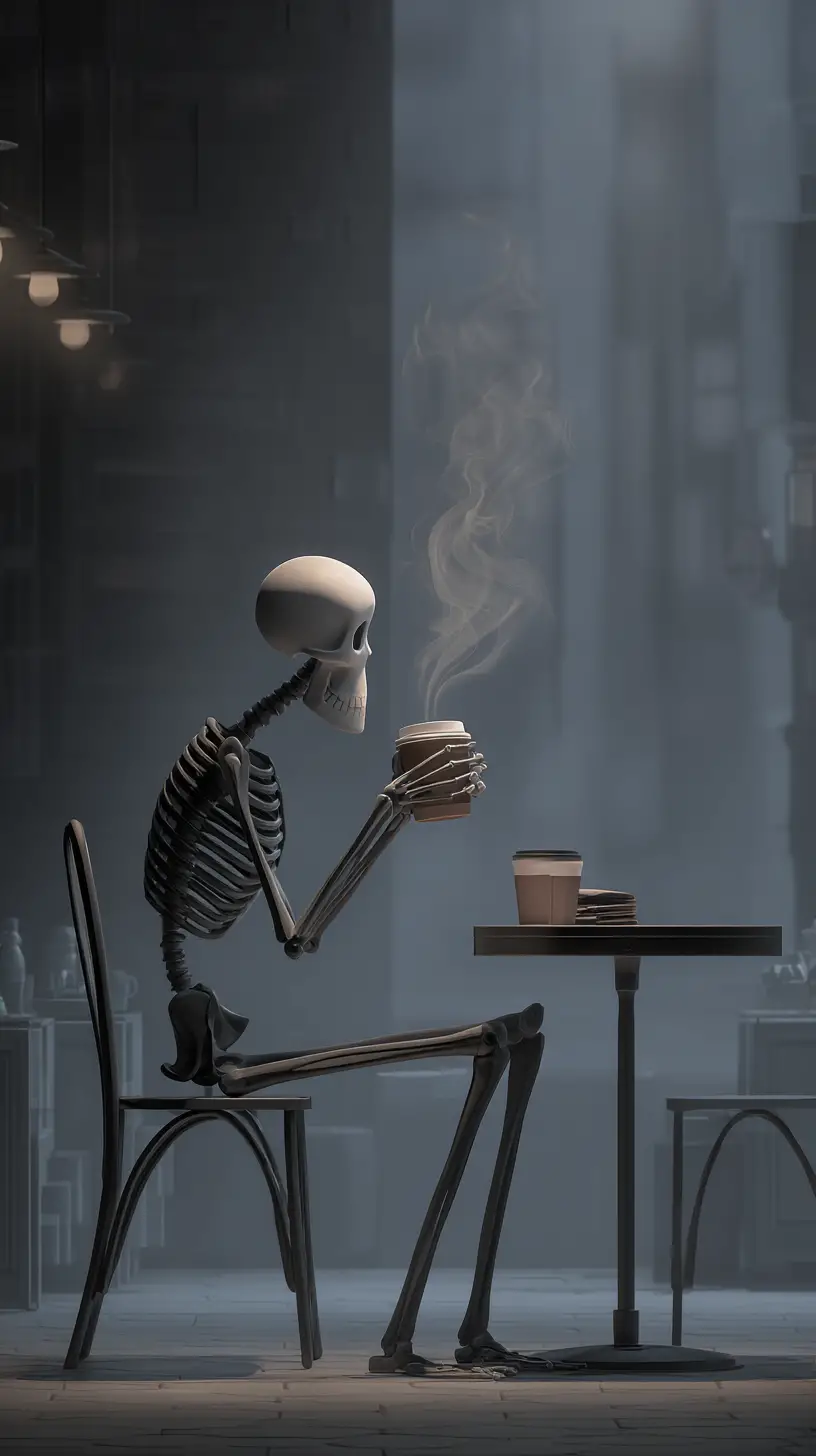 Skelett trinkt allein Kaffee an einem minimalistischen Cafétisch