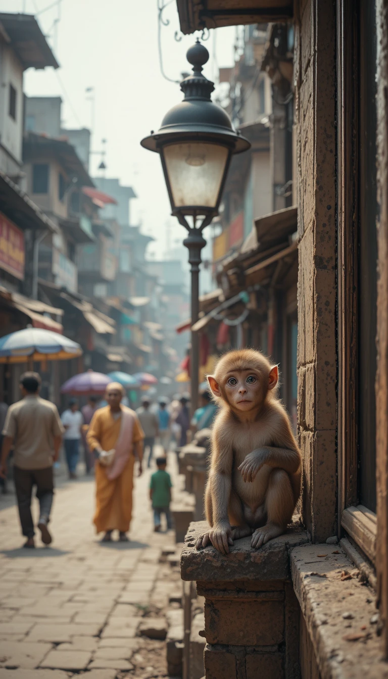 にぎやかなインドの通りの窓辺にいる子ザルたち
