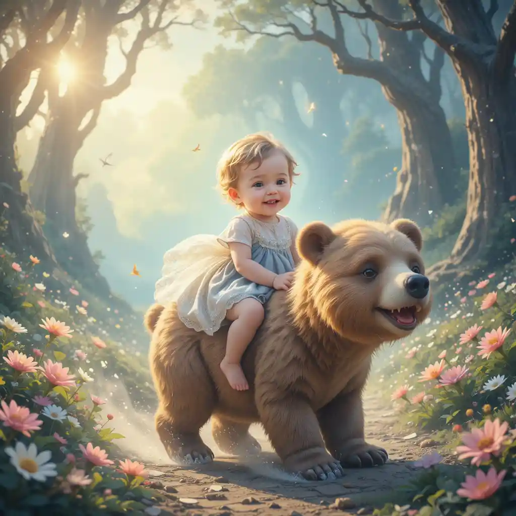 Bambino gioioso che cavalca un orso amichevole in un mondo fantastico