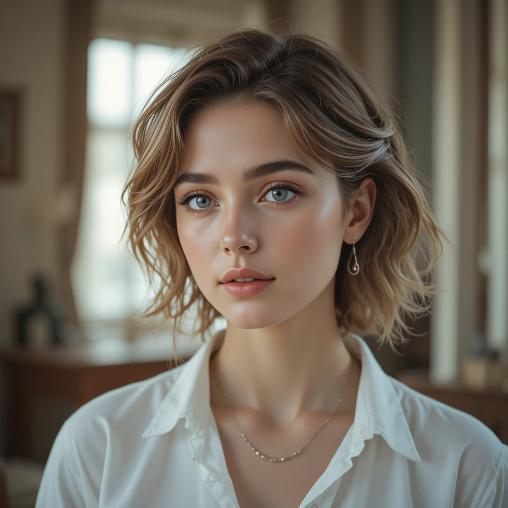 Young woman portrait in soft window daylight indoors