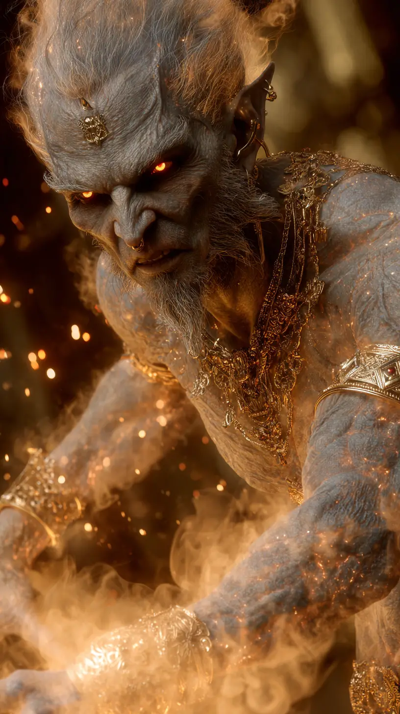 Antigo djinn flamejante surgindo de uma lâmpada dourada ornamentada
