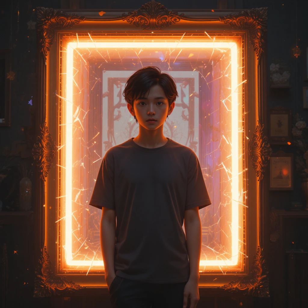 Lonely boy framed in glowing surreal prism illustration