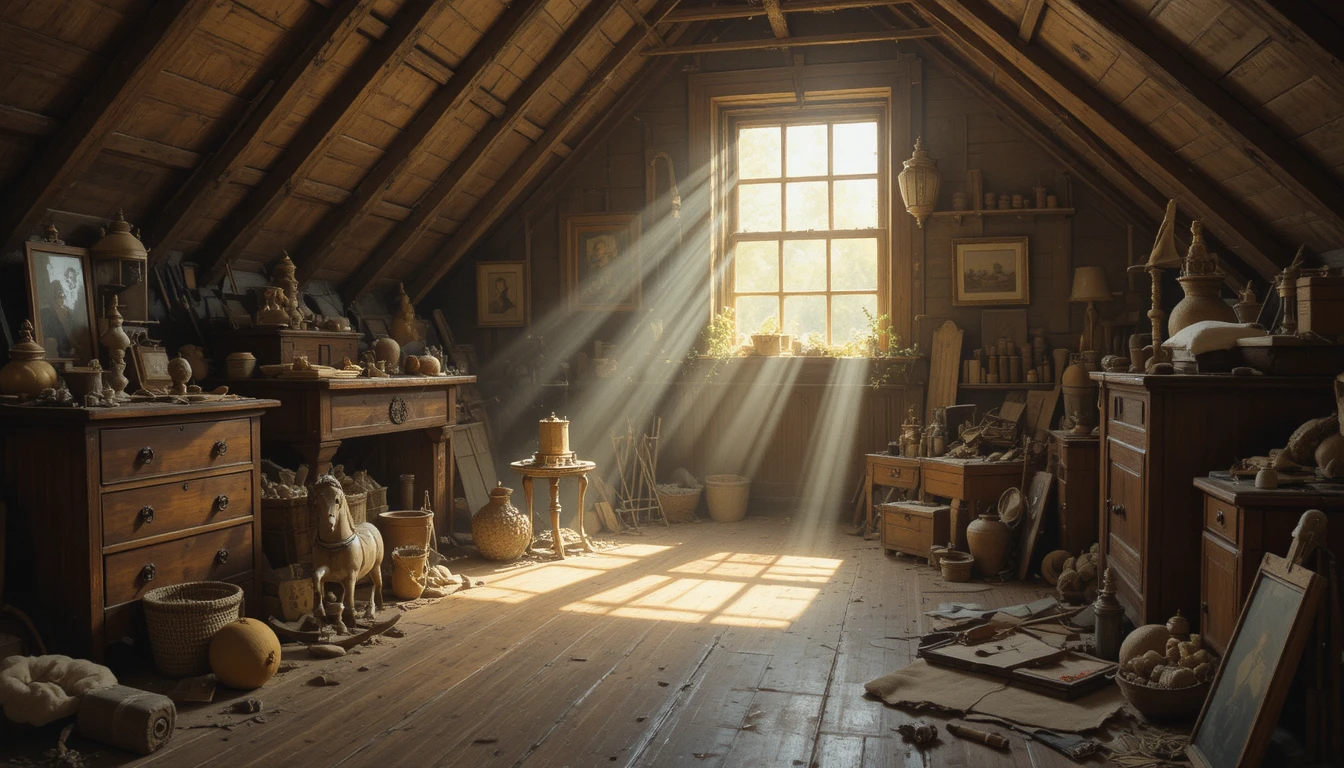 Sunlit attic with vintage rocking horse in warm tones