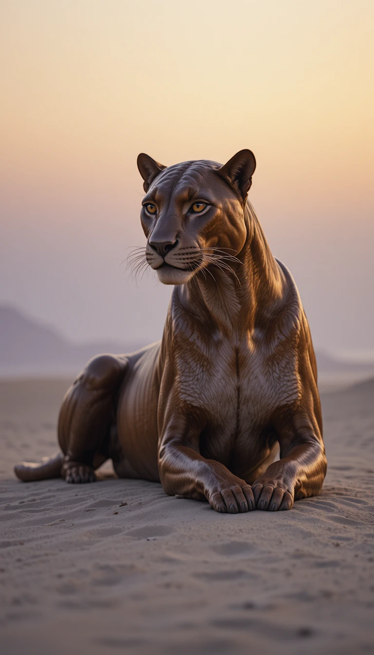Goldene Bronze-Pantherin, die bei Sonnenuntergang auf hellem Sand ruht