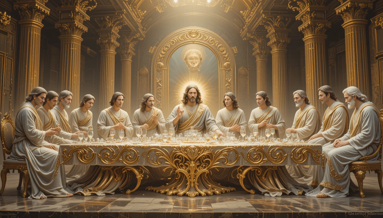 Jesus and the twelve apostles at a crystalline banquet table