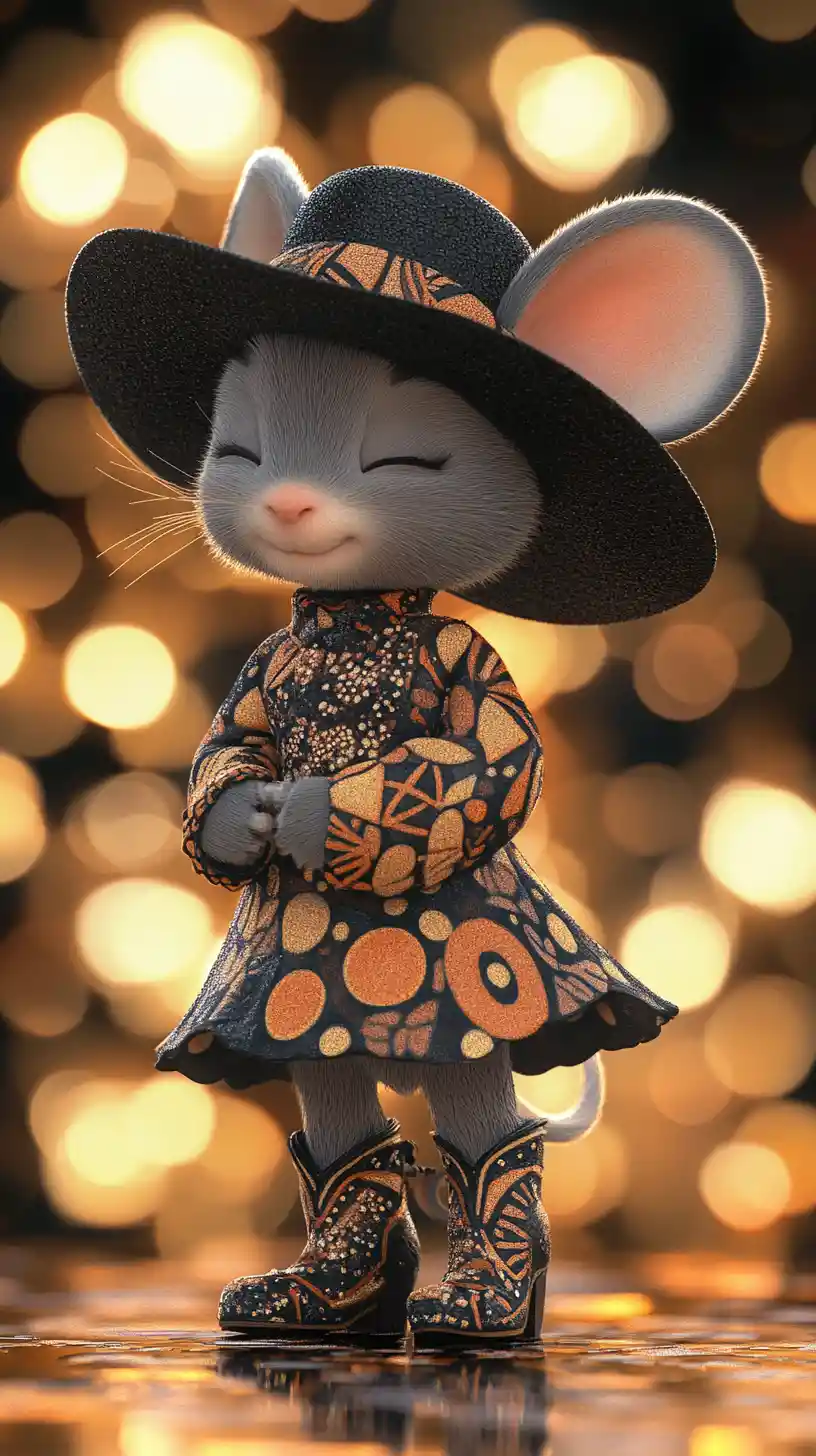 Anthropomorphe Maus im gemusterten Kleid vor weichem Bokeh-Hintergrund