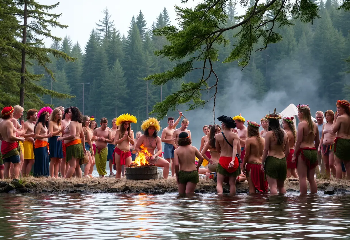 Adorateurs de Bacchus en fête au bord d’un lac forestier