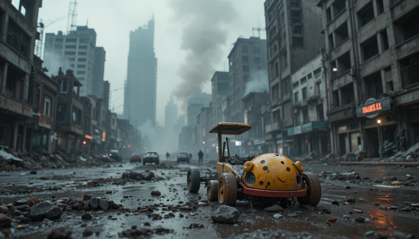 Abandoned city street with ruined towers and broken toy