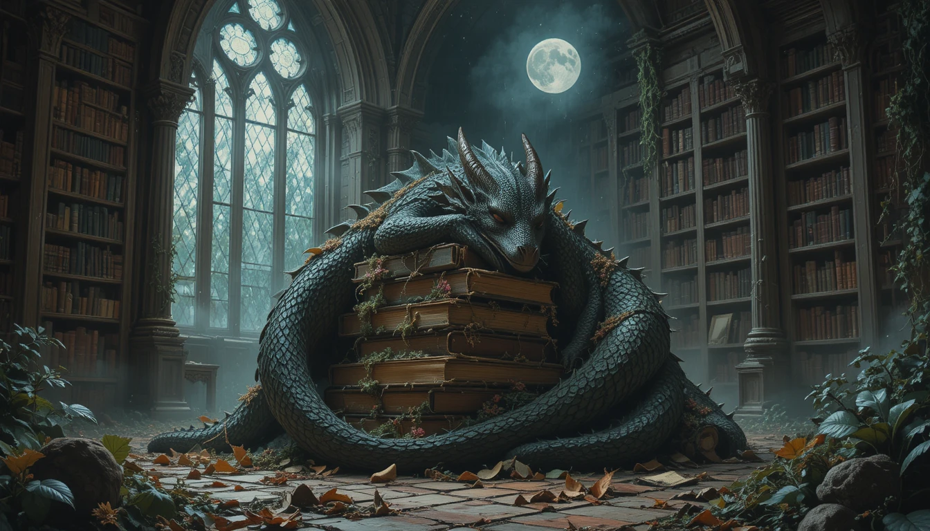 Dragão adormecido em uma biblioteca abandonada ao luar