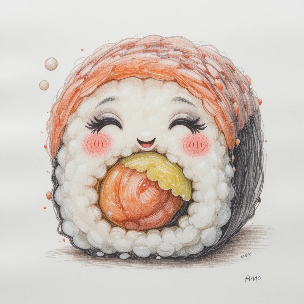 Desenho a lápis de rolinho de sushi alegre em fundo branco