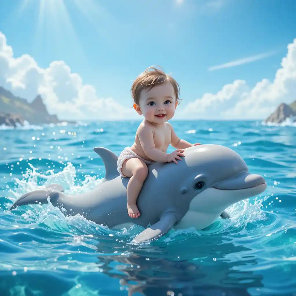 Happy baby riding a friendly dolphin on blue ocean waves