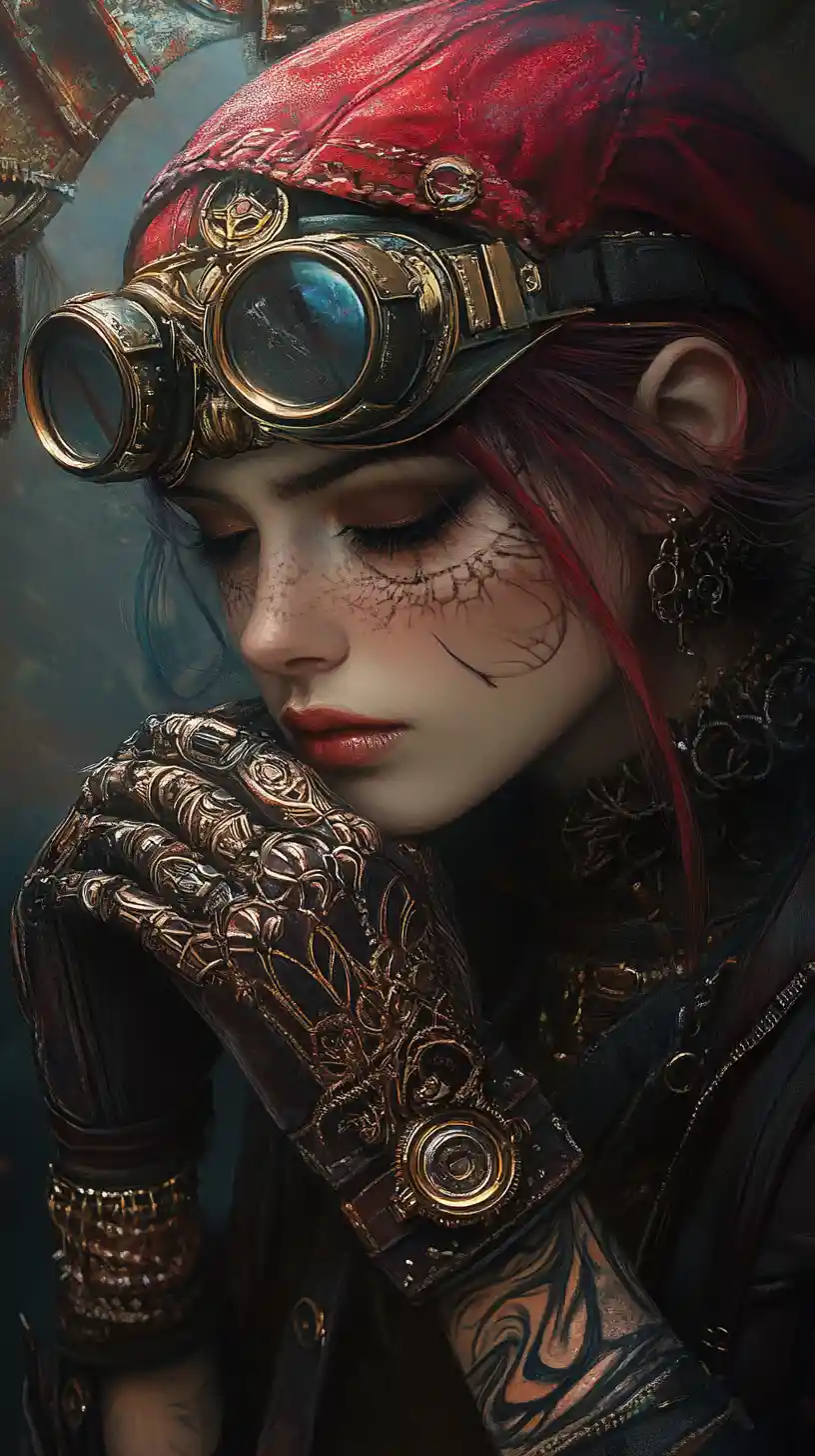 Androgynous woman in steampunk attire with melancholic gaze