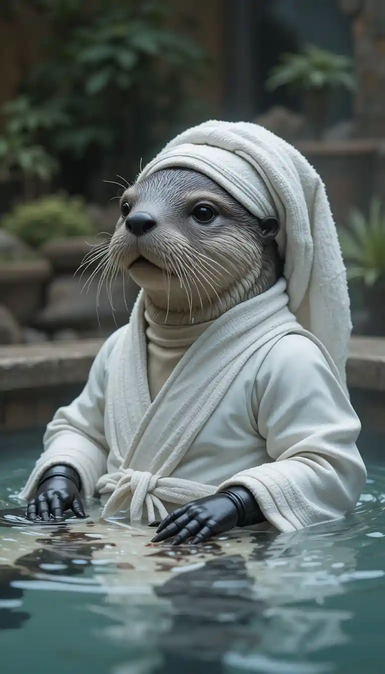 Robotic sea otter relaxing in a hot spring with towel