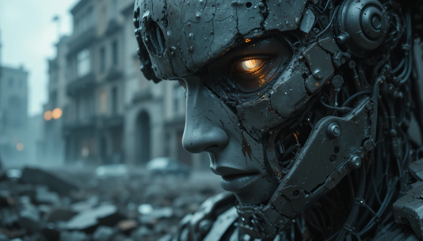 Primer Plano de Rostro de Robot de Combate Dañado en Ciudad en Ruinas