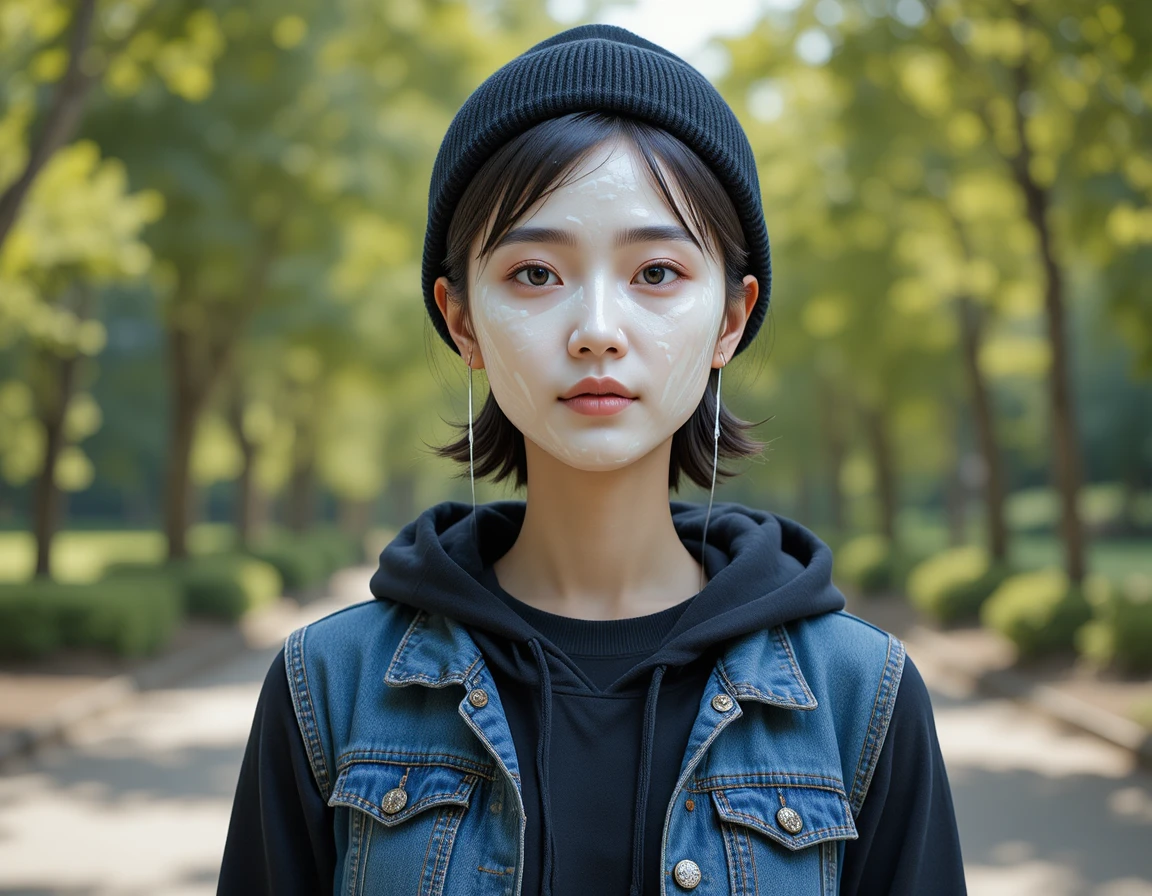 Young asian woman with whipped cream covered face outdoors
