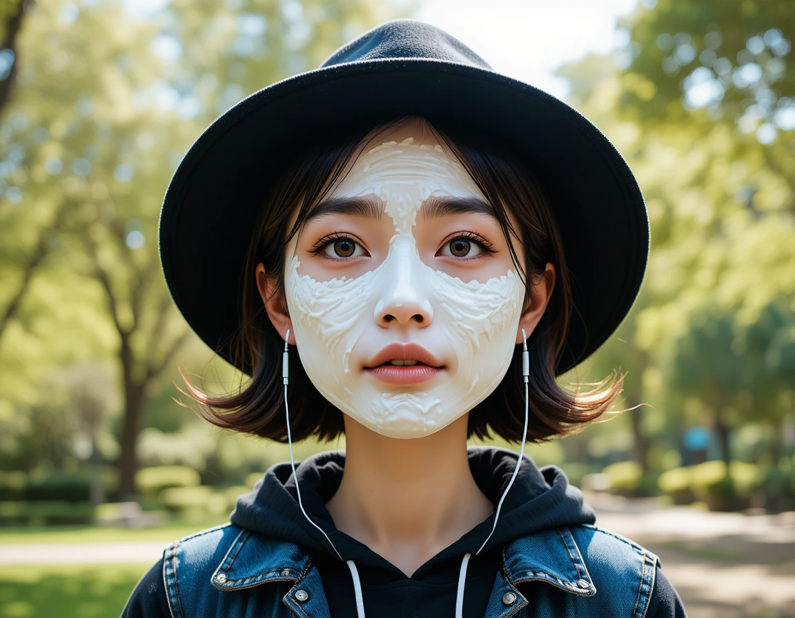 Jeune femme asiatique avec le visage couvert de crème fouettée en extérieur