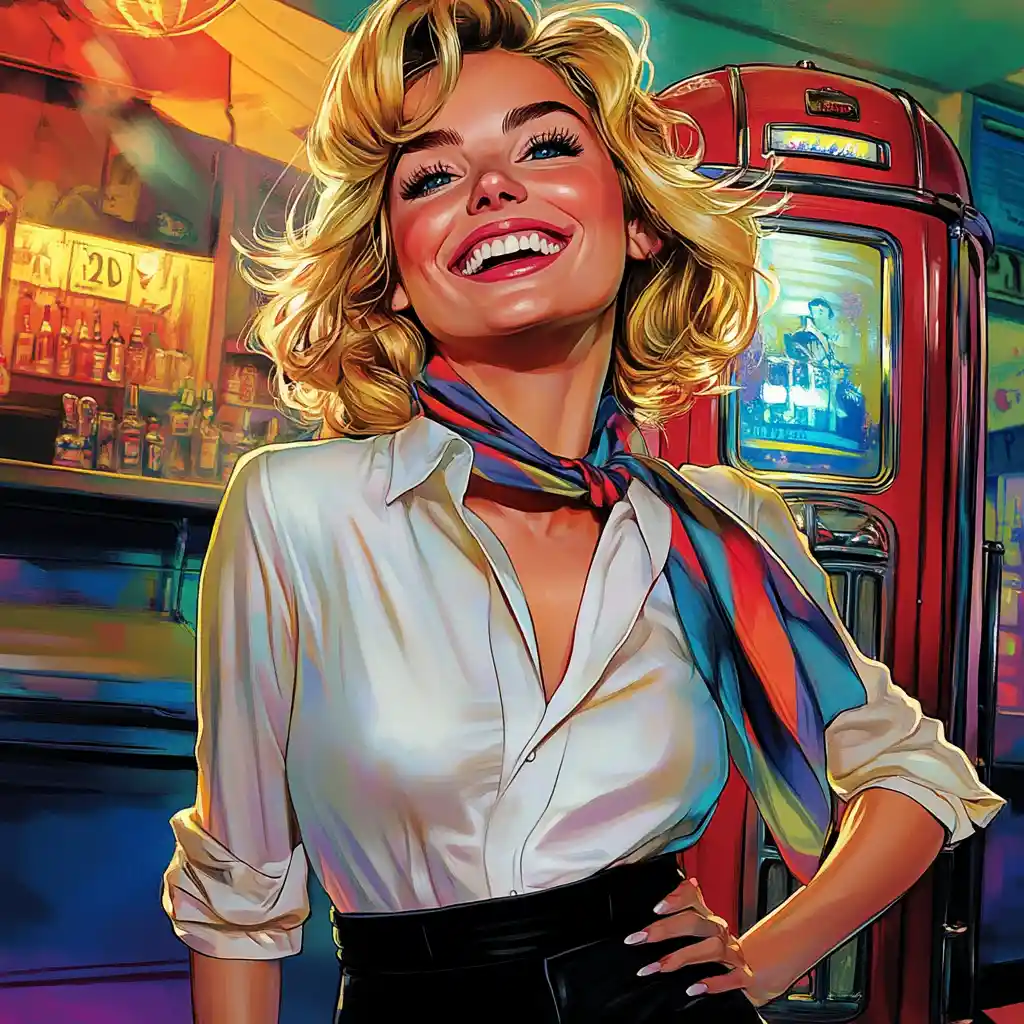 Donna bionda che ride in stile pop art in un bar retrò