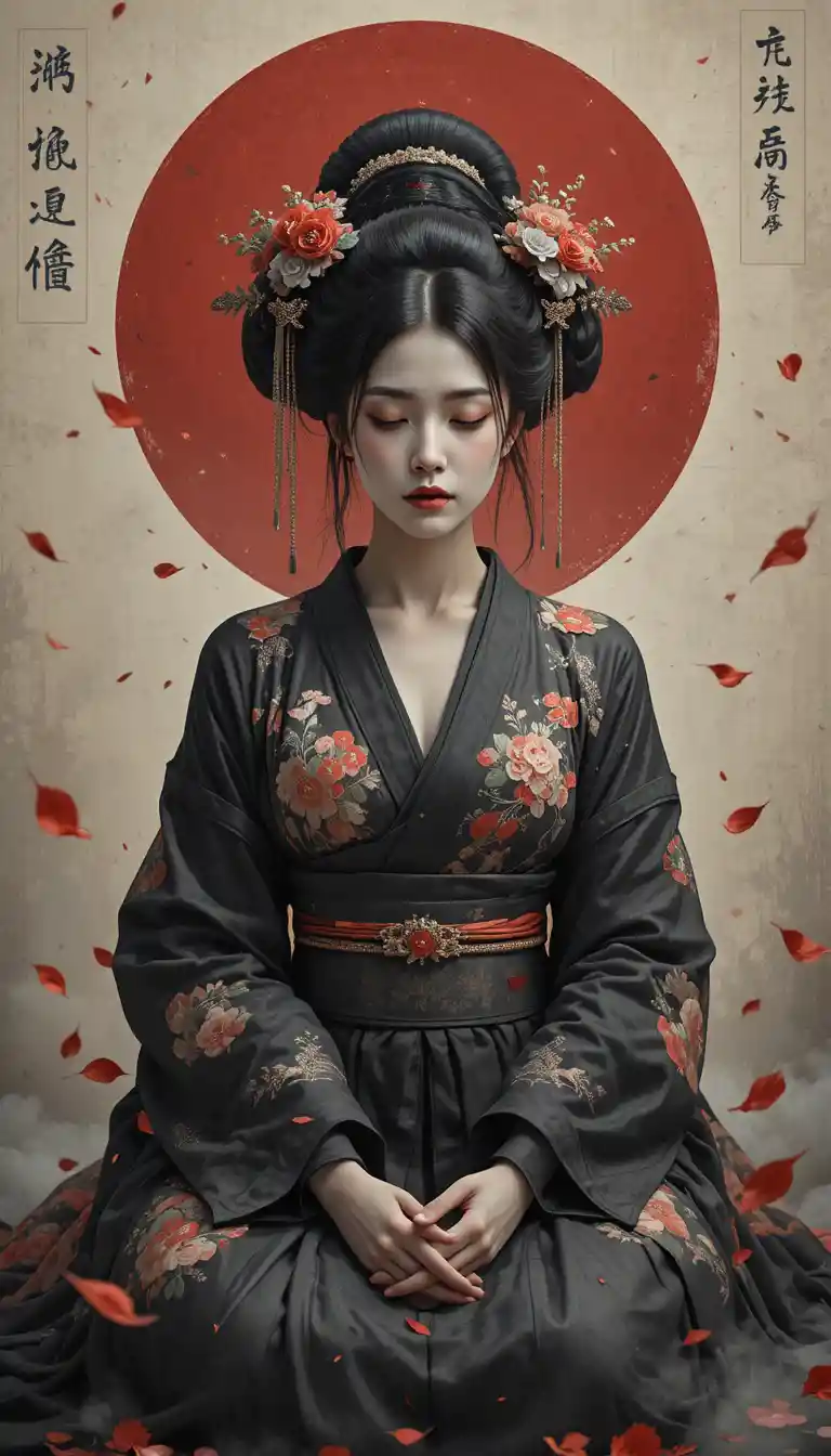 Melancholic Japanese Noblewoman Amid Falling Red Petals