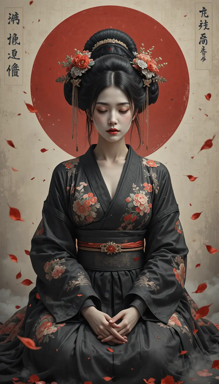 Melancholic Japanese Noblewoman Amid Falling Red Petals