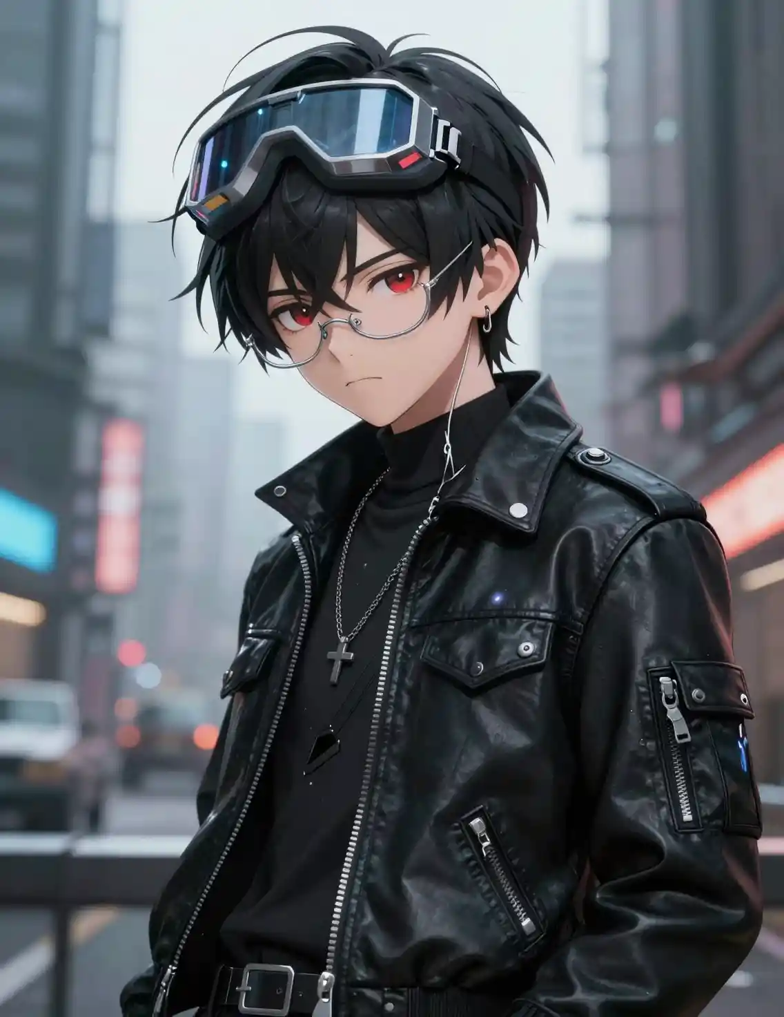 Garoto de anime em roupa cyberpunk em rua de cidade distópica