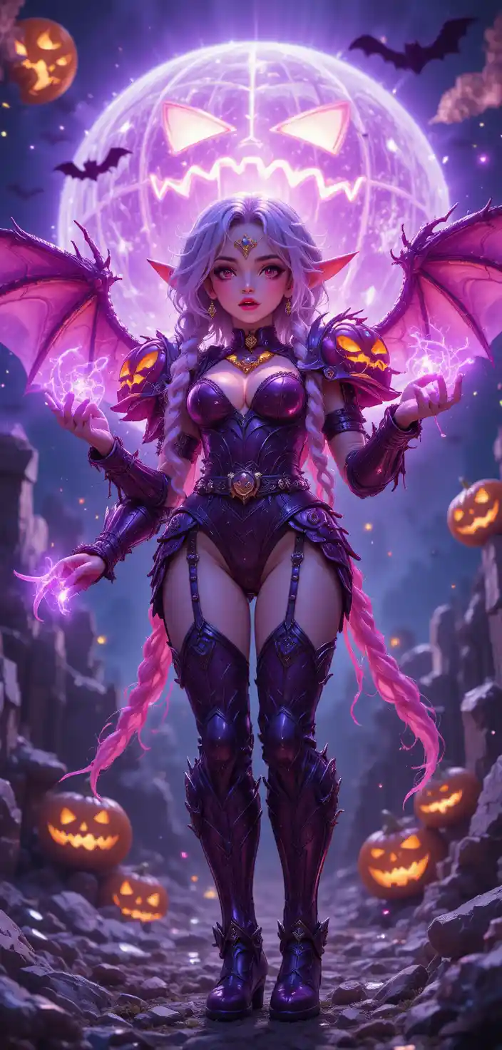Guerrera medio vampira tímida con alas de murciélago y armadura brillante