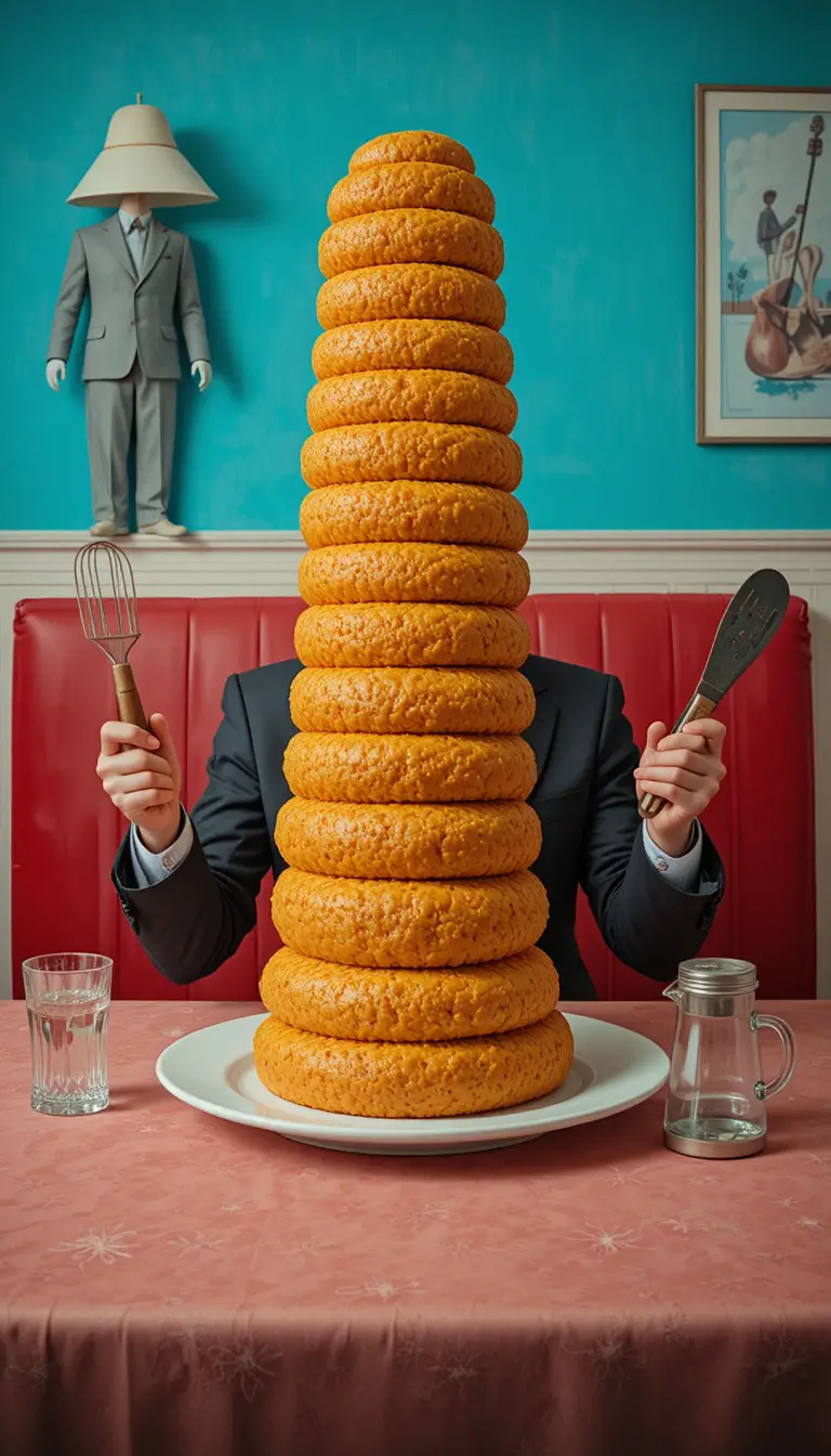 Torre surreal de panquecas em uma lanchonete americana retrô
