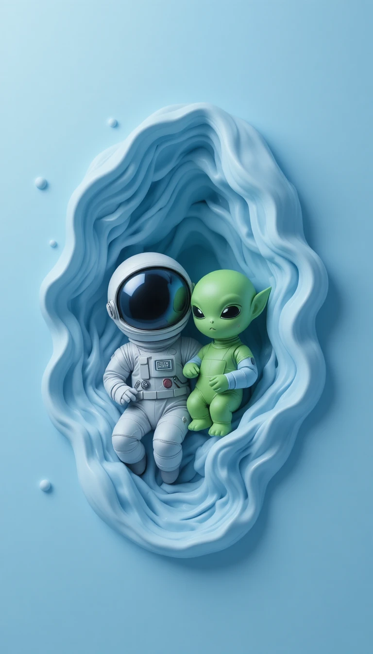 卡通太空人與外星人壓進柔軟的藍色矽膠中