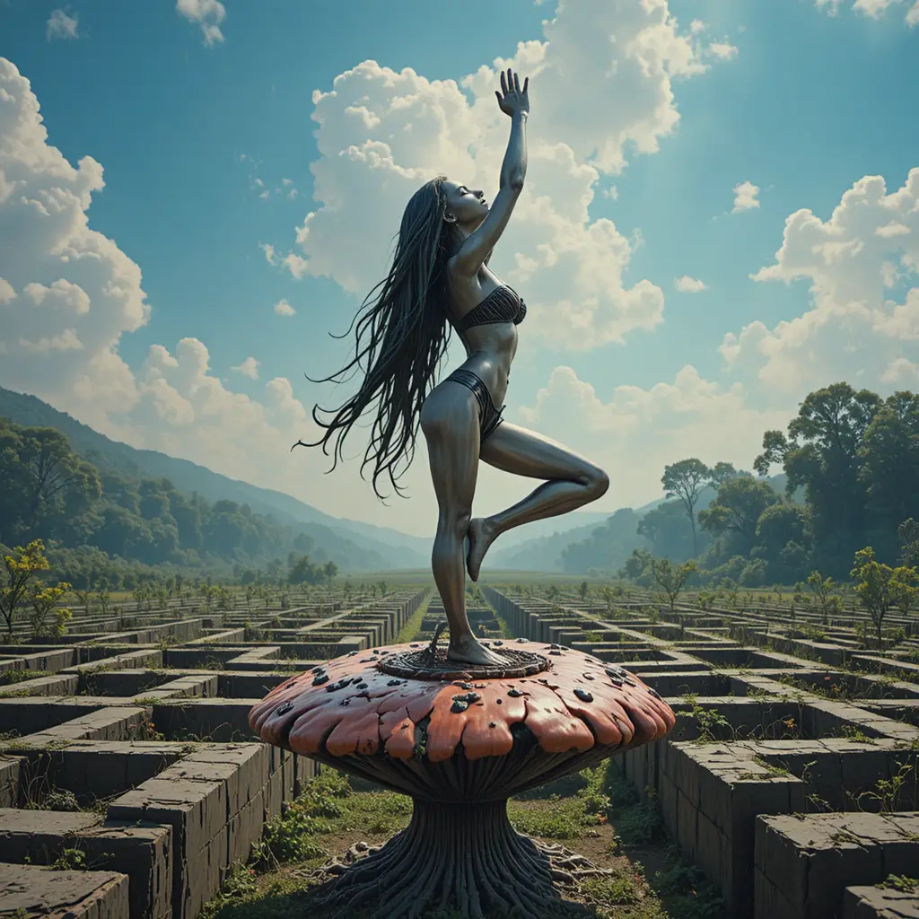 Eiserne Mädchenstatue in Yogapose auf psychedelischem Pilz